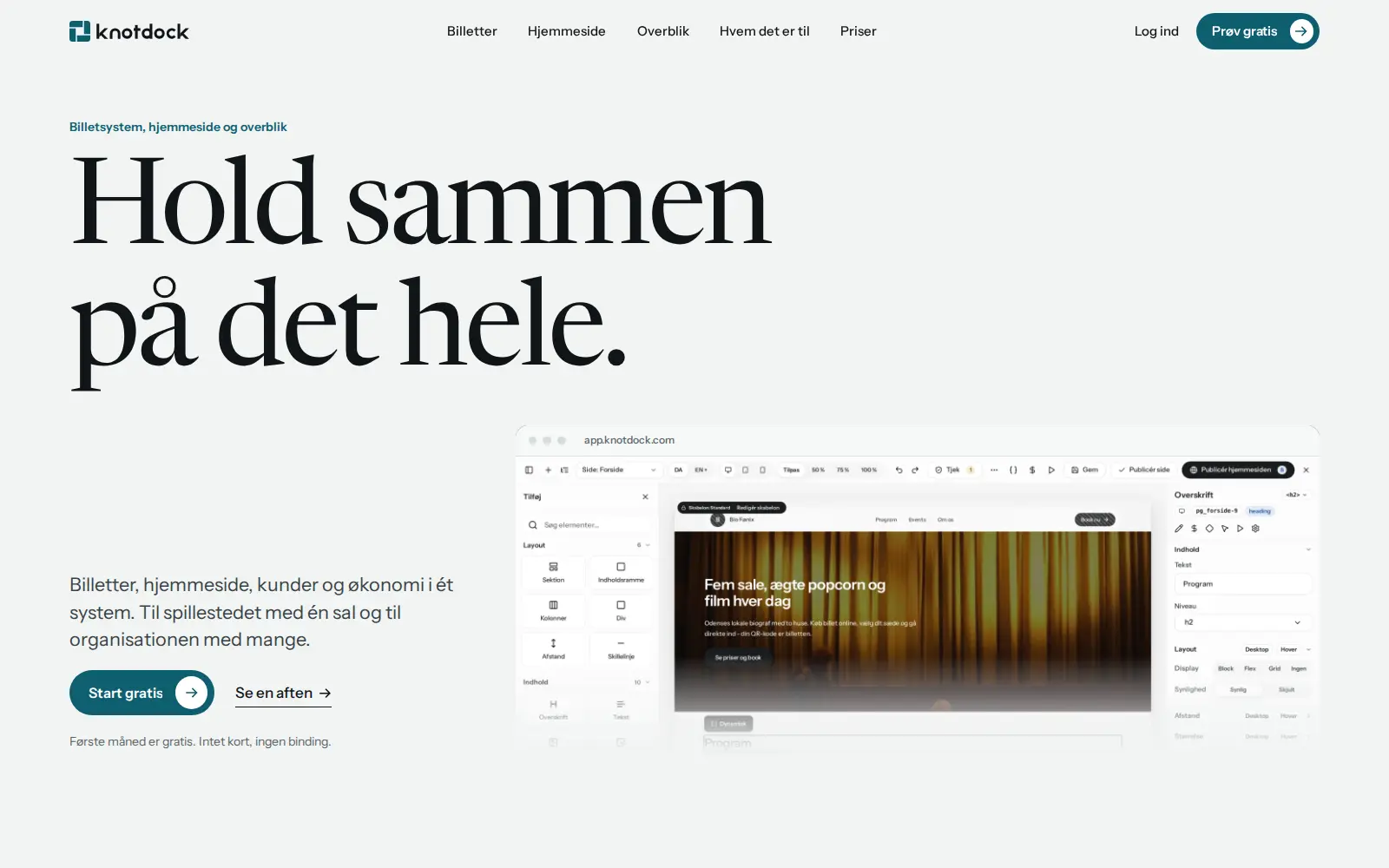 Forsiden af knotdock.com med hjemmesidebyggeren